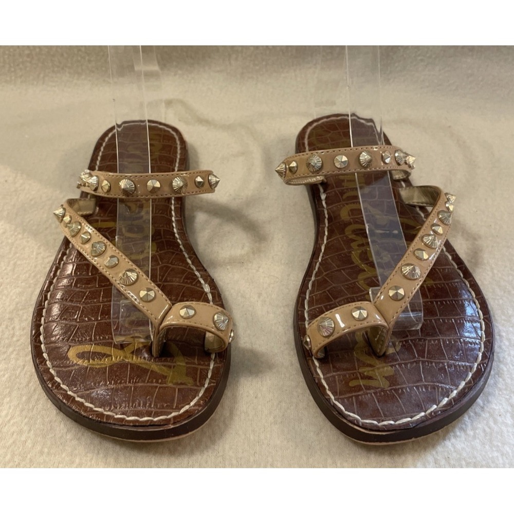 SAM EDELMAN Gordie Tan Leather Gold Studded Strappy Sandal Size 6M Flip Flops